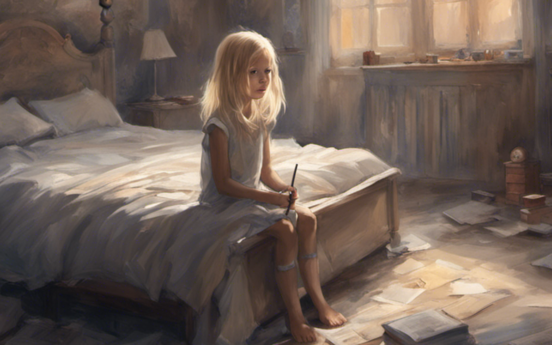 blonde little girl draws on the bed in a gloomy room