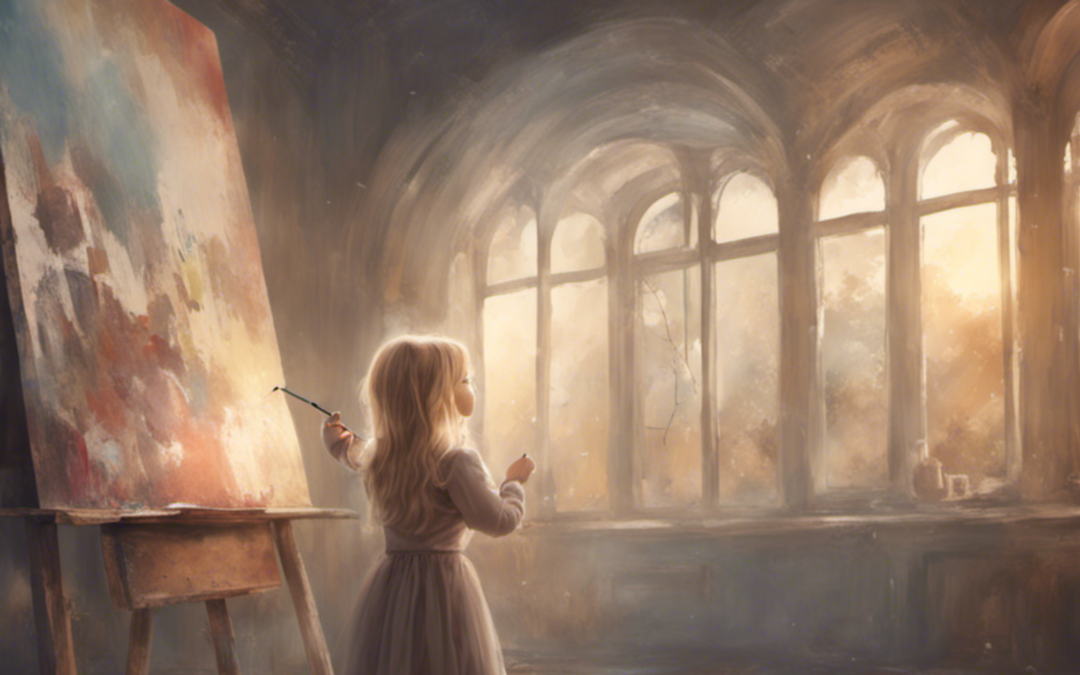 blonde little girl draws on the bed in a gloomy room