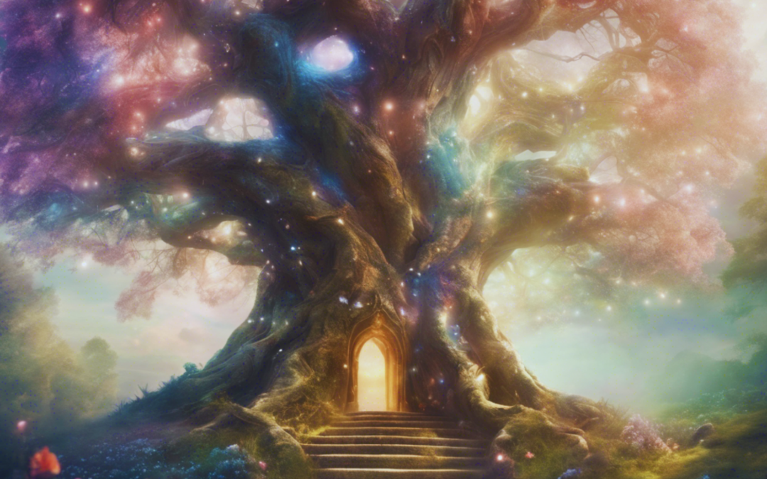 magic tree in a magic garden with magic door